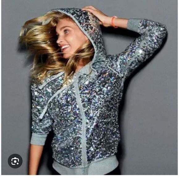 PINK Victoria's Secret  rainbow bling sequin fashion show Zip Hoodie nwt sz M - Picture 2 of 10